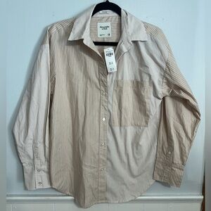 NWT Abercrombie & Fitch Oversized Beige Striped Button Down Shirt Size XS